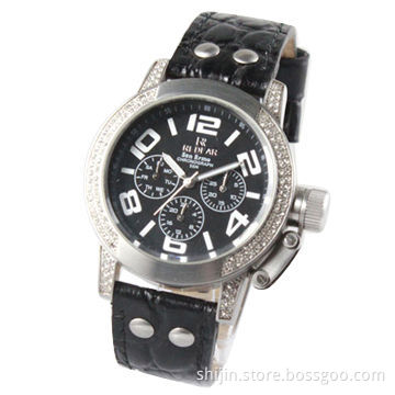 Three-eye Stainless Steel Watch with Genuine Leather Band for Men